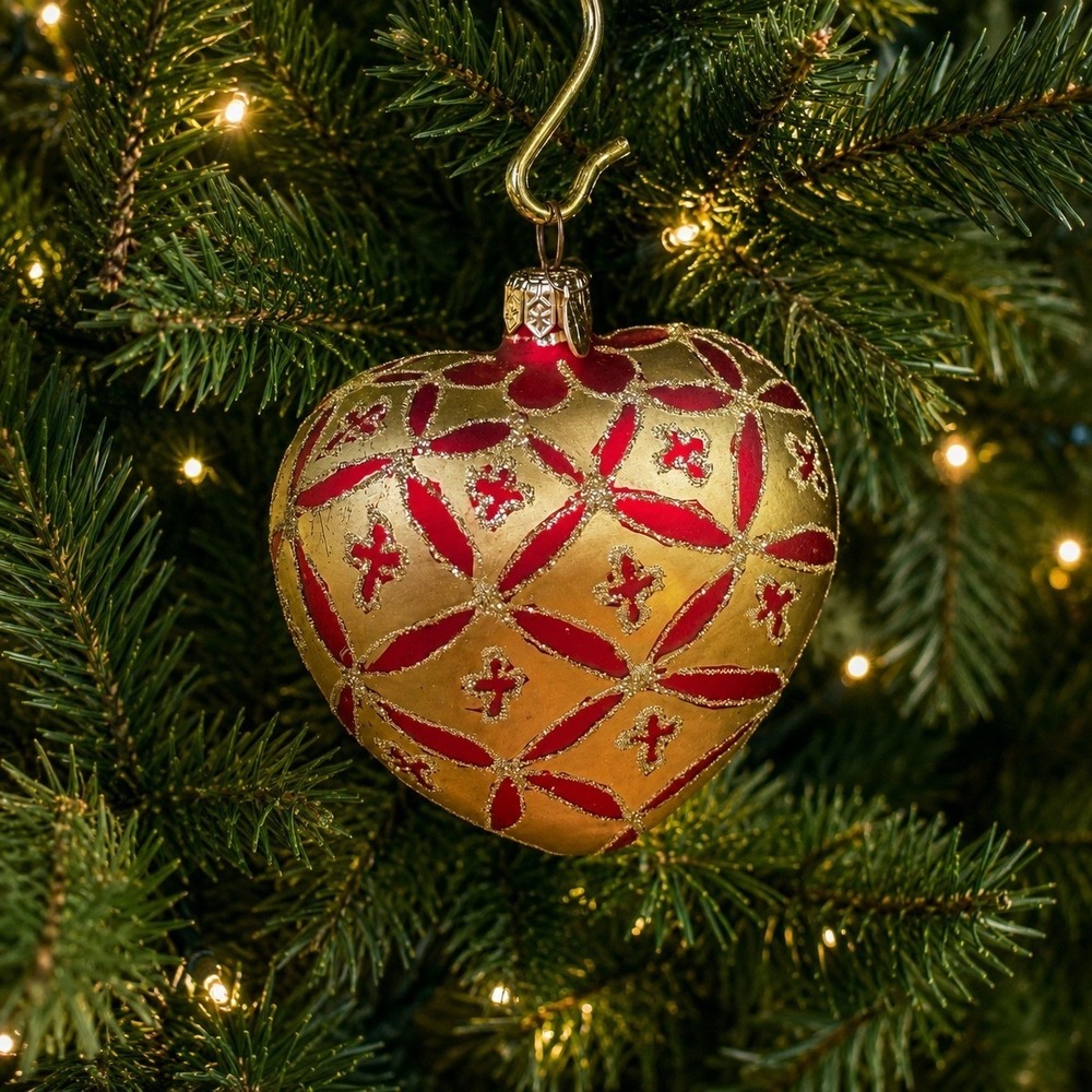 Department 56 Glass Heart Christmas Ornament Made in Poland Gold Red Glitter